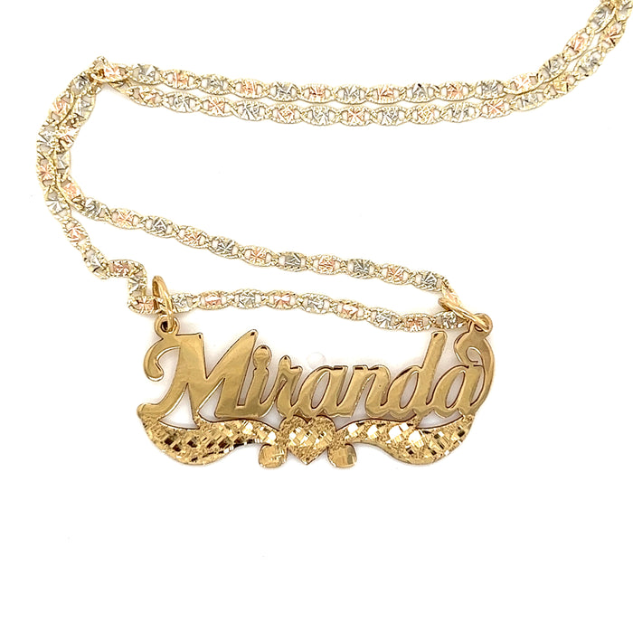 14k Gold Cursive Name with Diamond Cut Heart Ribbons and TriColor Valentino Necklace