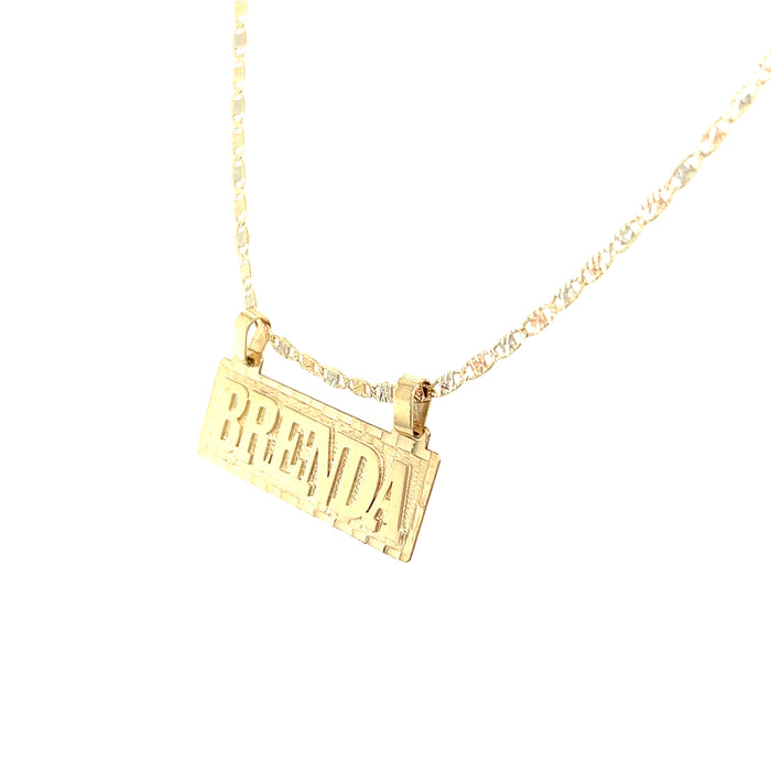 14k Block Letter Gold Name Plate with Solid Valentino Necklace