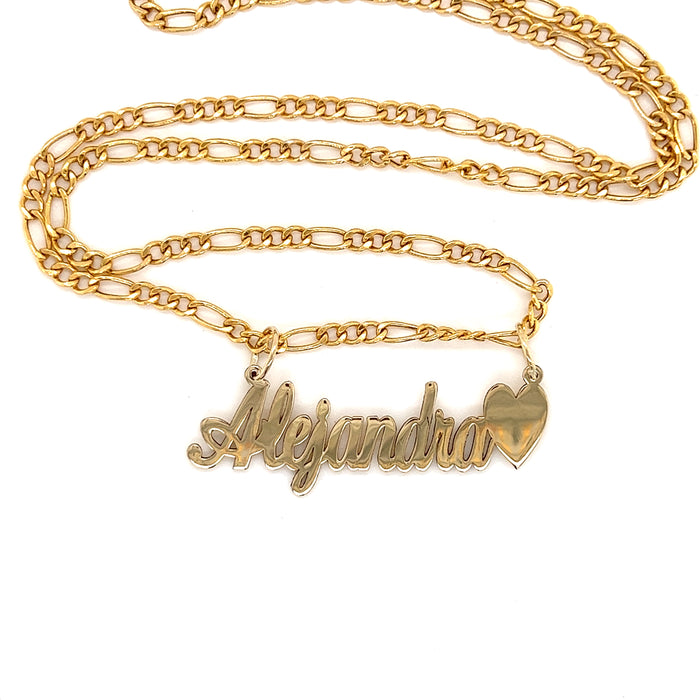 14k Cursive Gold Name with Side Heart and Solid Figaro Necklace