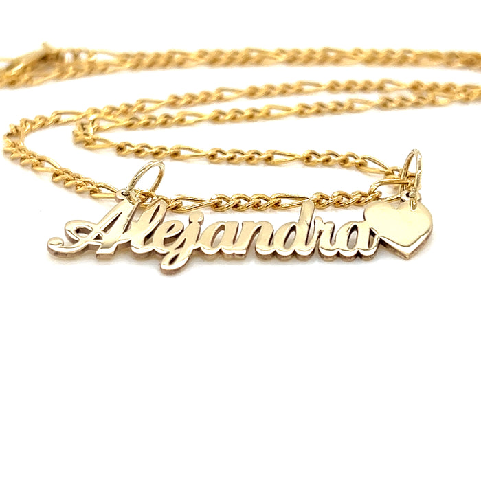 14k Cursive Gold Name with Side Heart and Solid Figaro Necklace