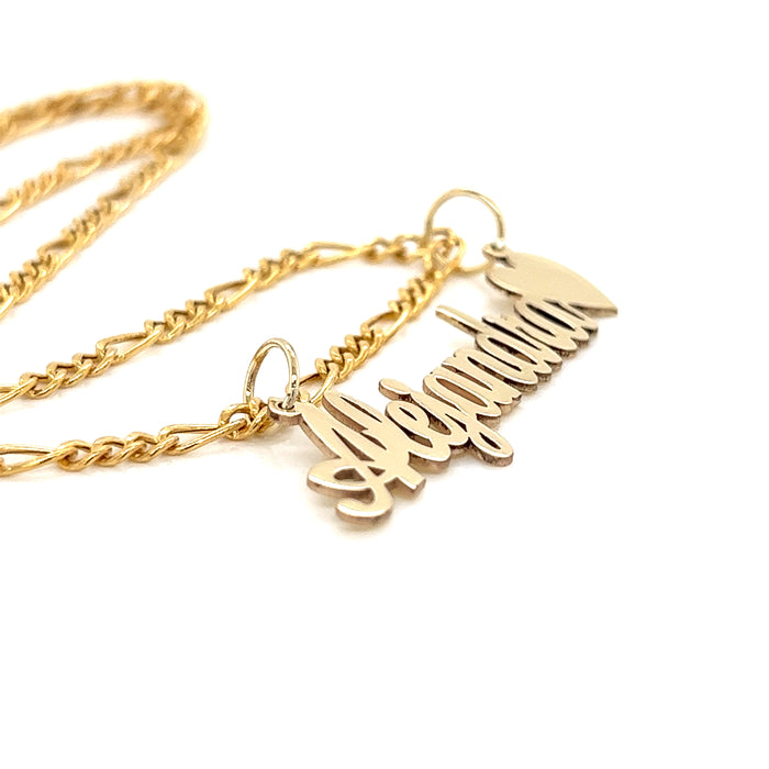 14k Cursive Gold Name with Side Heart and Solid Figaro Necklace