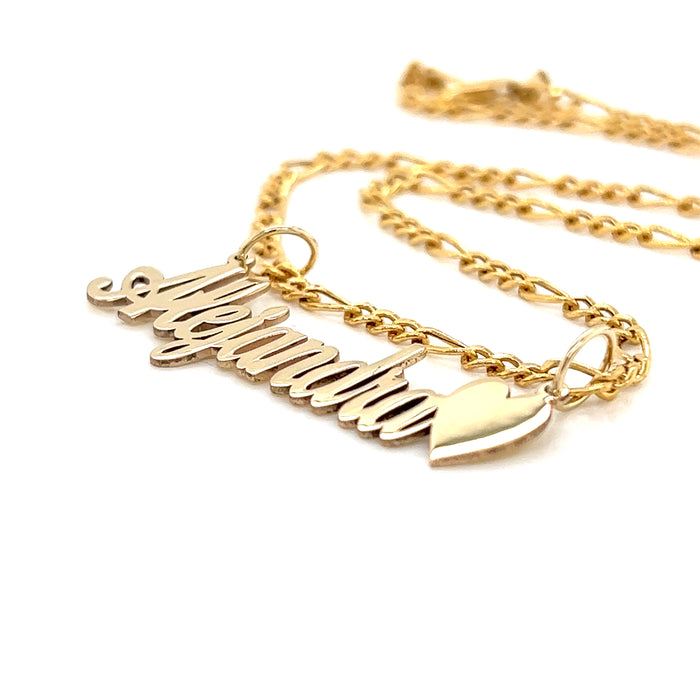 14k Cursive Gold Name with Side Heart and Solid Figaro Necklace