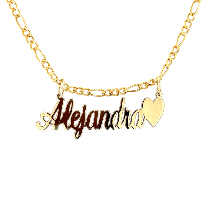 14k Cursive Gold Name with Side Heart and Solid Figaro Necklace