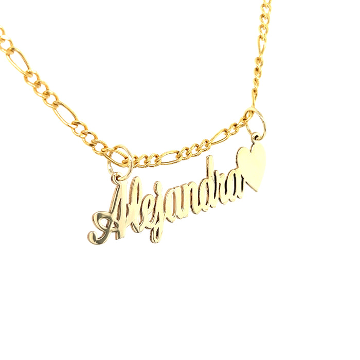 14k Cursive Gold Name with Side Heart and Solid Figaro Necklace