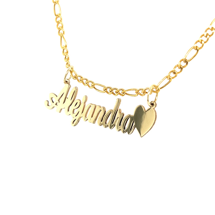 14k Cursive Gold Name with Side Heart and Solid Figaro Necklace