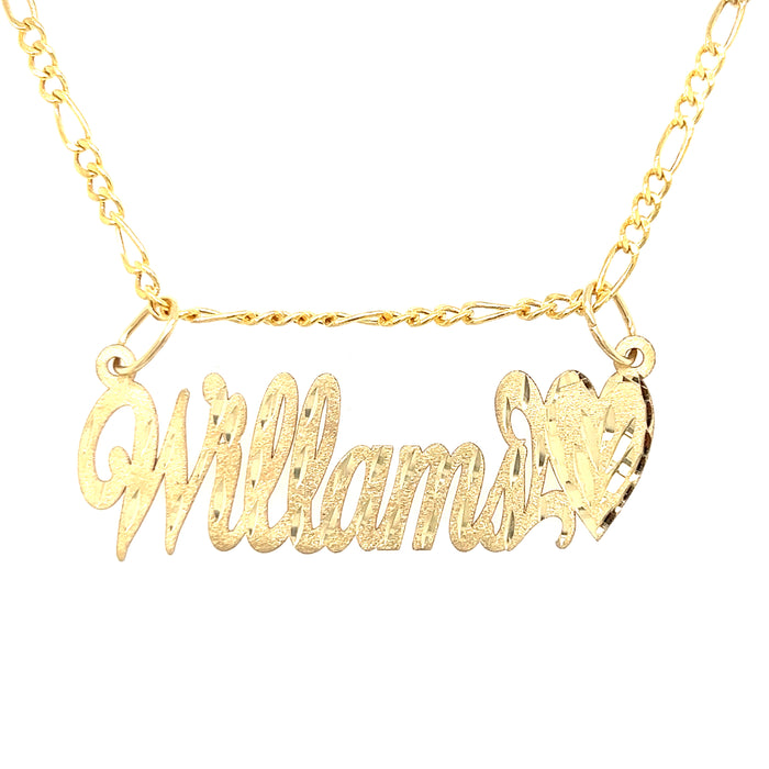 14k Cursive Gold Name with Matte Diamond Cut Finish and Solid Figaro Necklace