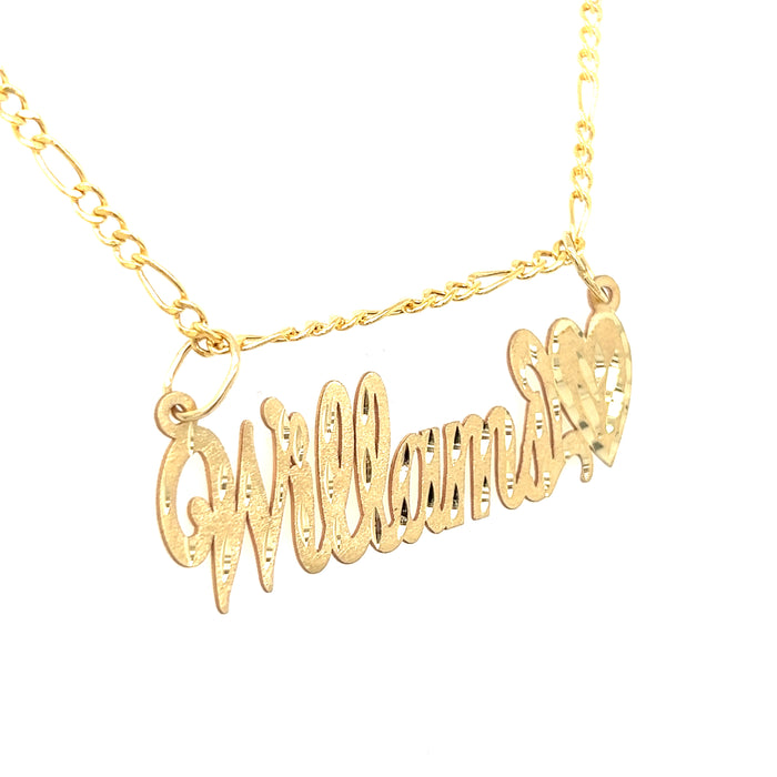 14k Cursive Gold Name with Matte Diamond Cut Finish and Solid Figaro Necklace