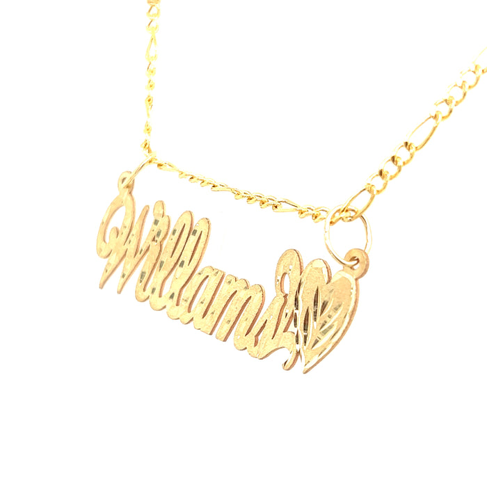 14k Cursive Gold Name with Matte Diamond Cut Finish and Solid Figaro Necklace