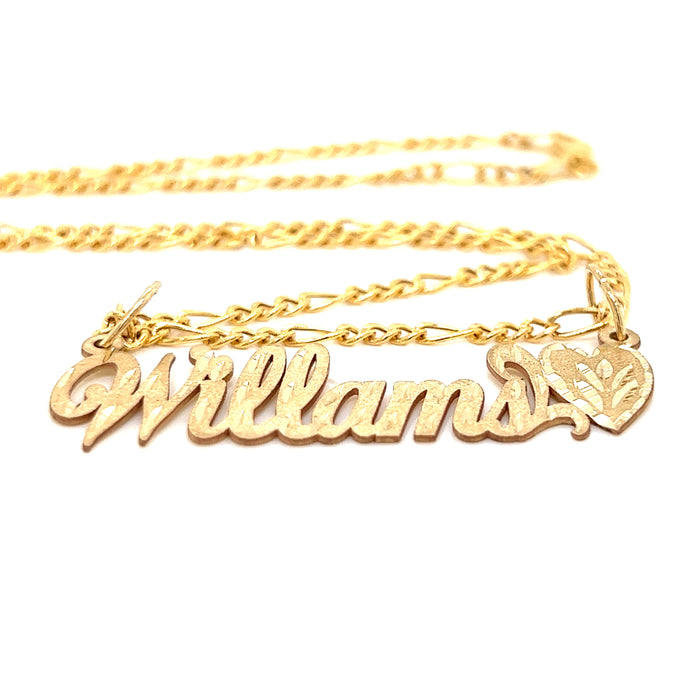 14k Cursive Gold Name with Matte Diamond Cut Finish and Solid Figaro Necklace