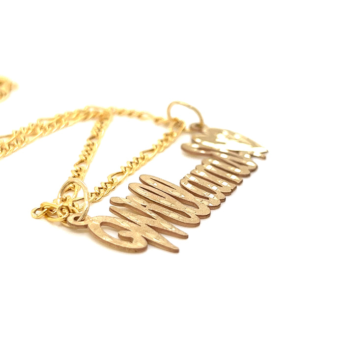 14k Cursive Gold Name with Matte Diamond Cut Finish and Solid Figaro Necklace