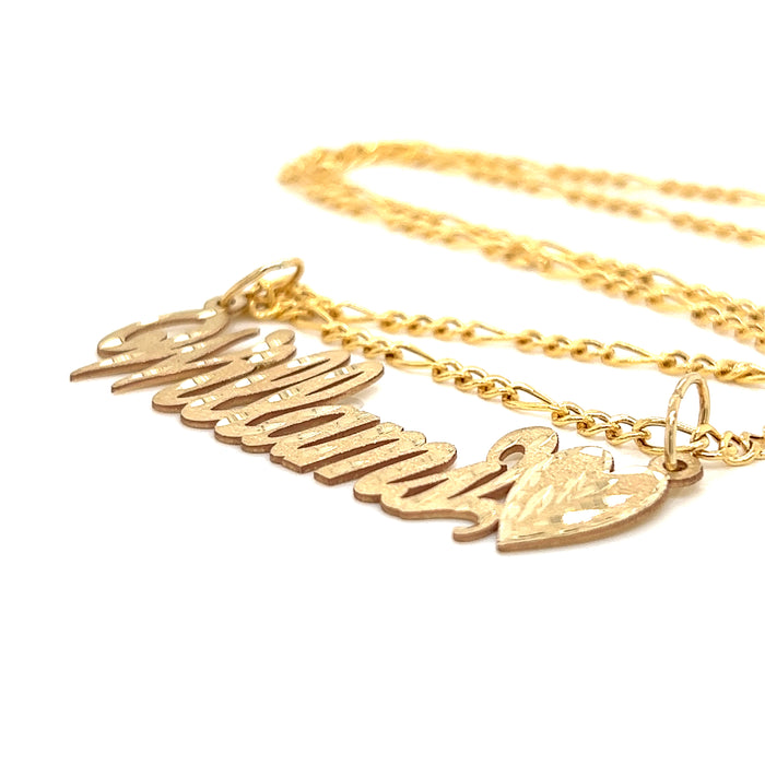 14k Cursive Gold Name with Matte Diamond Cut Finish and Solid Figaro Necklace