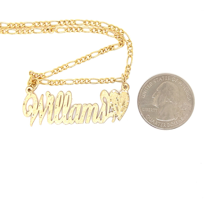 14k Cursive Gold Name with Matte Diamond Cut Finish and Solid Figaro Necklace