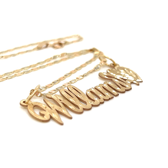 14k Cursive Gold Name with Matte Diamond Cut Finish and Solid Valentino Necklace