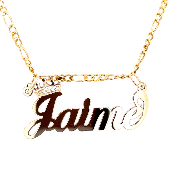 14k Cursive Letter Gold Name with Diamond Cut Crown and Solid Figaro Necklace