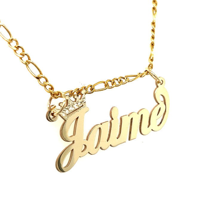 14k Cursive Letter Gold Name with Diamond Cut Crown and Solid Figaro Necklace