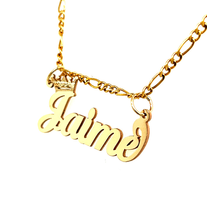 14k Cursive Letter Gold Name with Diamond Cut Crown and Solid Figaro Necklace