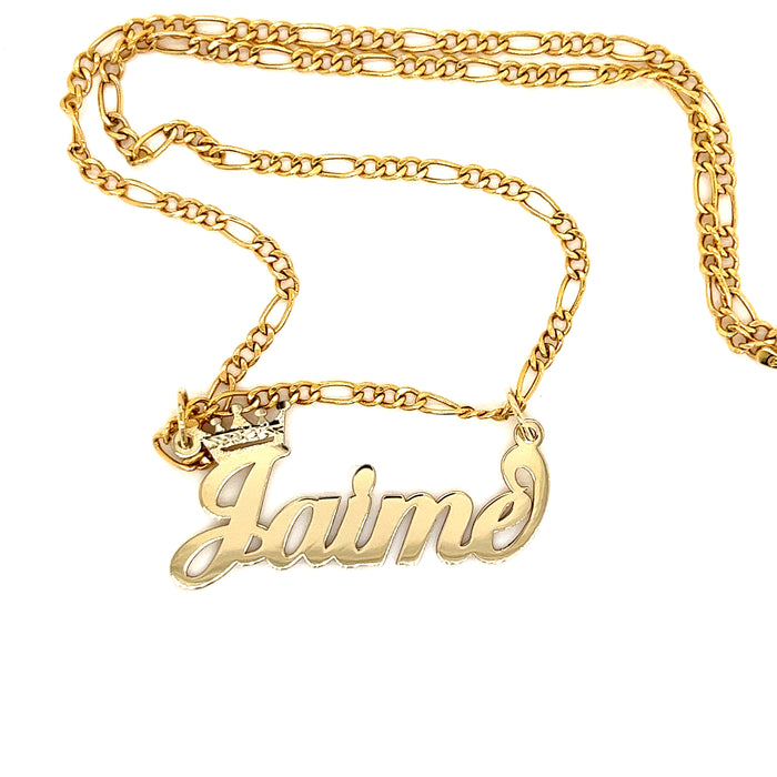 14k Cursive Letter Gold Name with Diamond Cut Crown and Solid Figaro Necklace