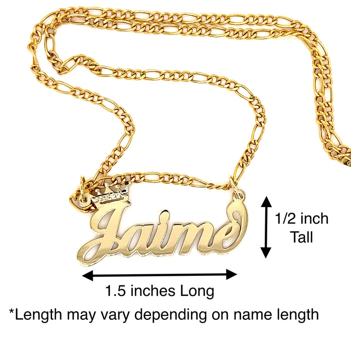 14k Cursive Letter Gold Name with Diamond Cut Crown and Solid Figaro Necklace