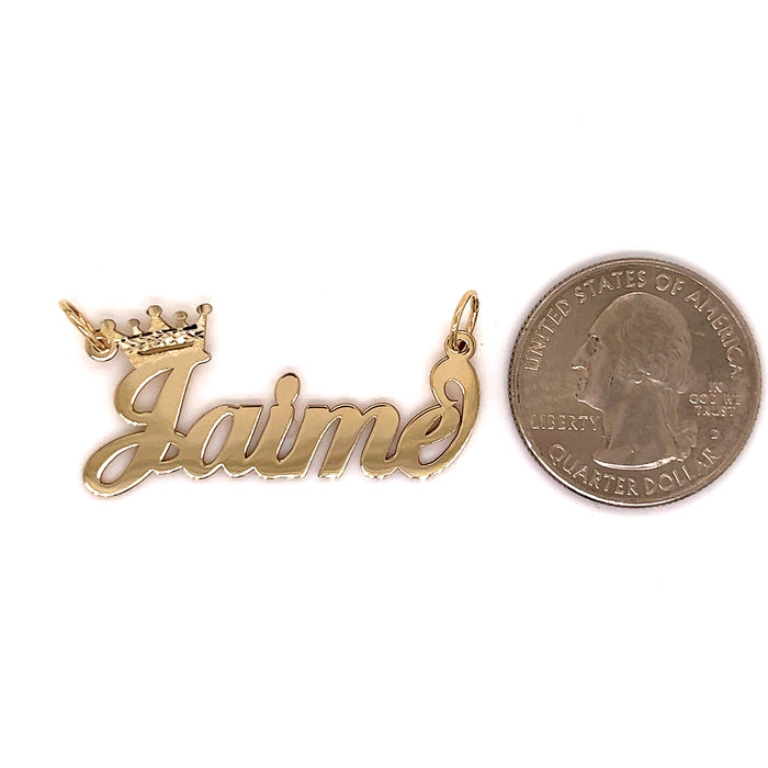 14k Cursive Letter Gold Name with Diamond Cut Crown and Solid Figaro Necklace