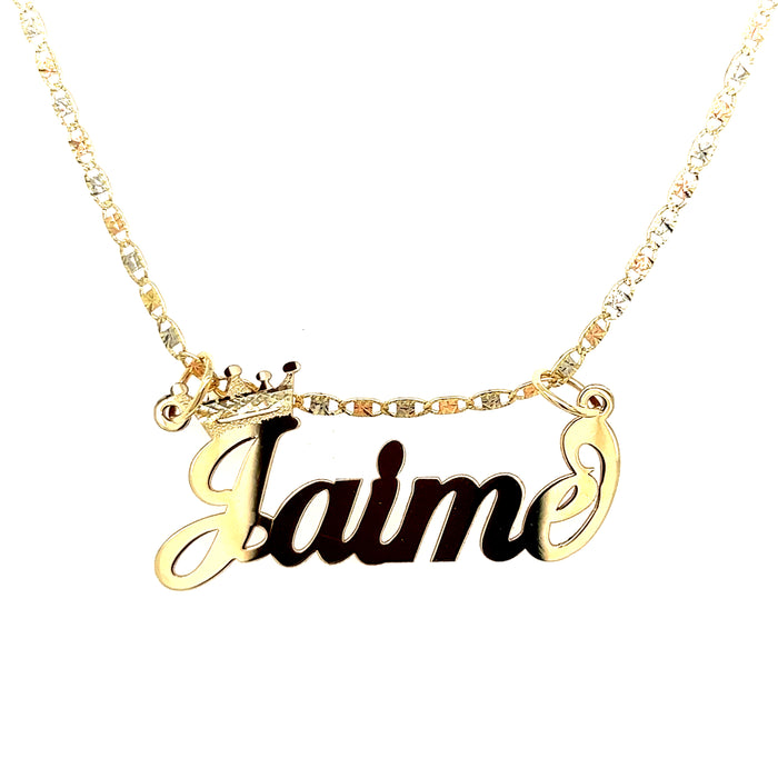 14k Cursive Letter Gold Name with Diamond Cut Crown and Solid Valentino Necklace