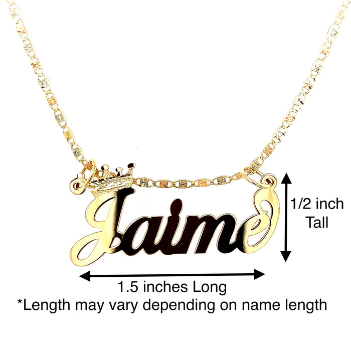 14k Cursive Letter Gold Name with Diamond Cut Crown and Solid Valentino Necklace