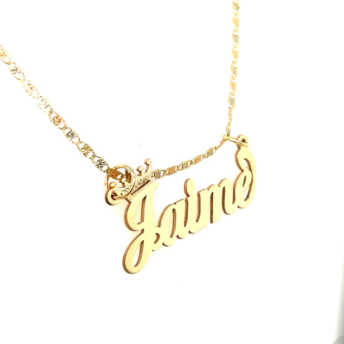 14k Cursive Letter Gold Name with Diamond Cut Crown and Solid Valentino Necklace