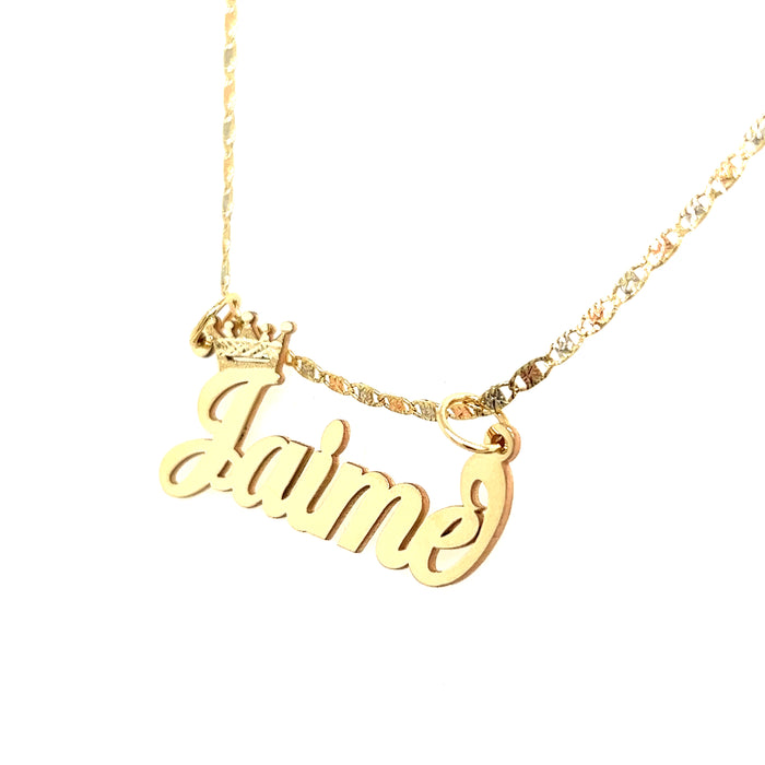 14k Cursive Letter Gold Name with Diamond Cut Crown and Solid Valentino Necklace