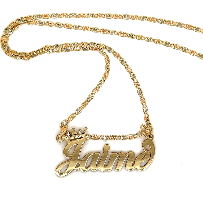 14k Cursive Letter Gold Name with Diamond Cut Crown and Solid Valentino Necklace