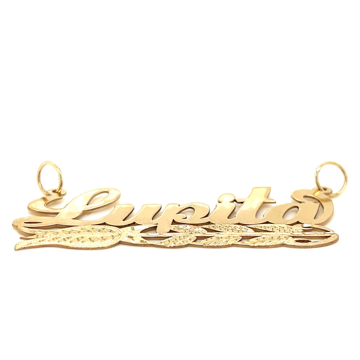 14k Cursive Gold Name with Diamond Cut Rose and Diamond Cut Solid Figaro Necklace