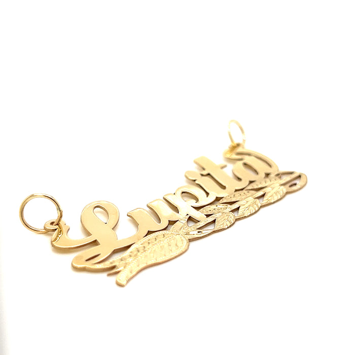 14k Cursive Gold Name with Diamond Cut Rose and Diamond Cut Solid Figaro Necklace