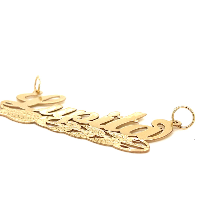 14k Cursive Gold Name with Diamond Cut Rose and Diamond Cut Solid Figaro Necklace