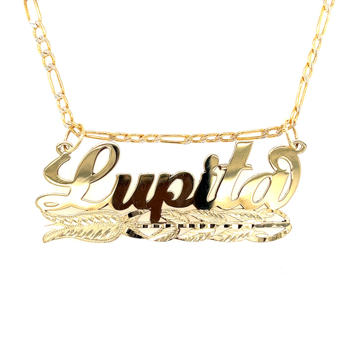 14k Cursive Gold Name with Diamond Cut Rose and Diamond Cut Solid Figaro Necklace