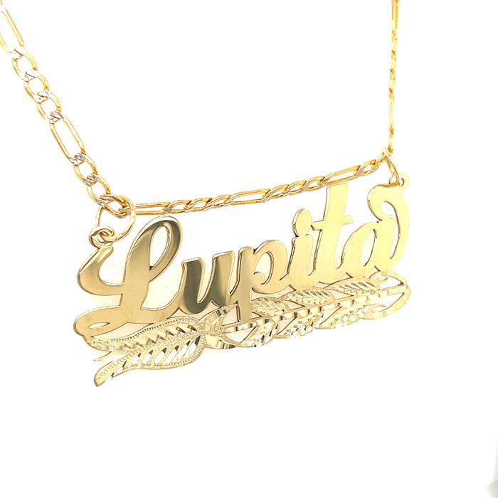 14k Cursive Gold Name with Diamond Cut Rose and Diamond Cut Solid Figaro Necklace