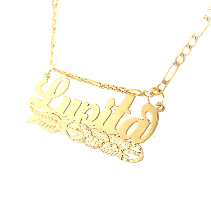 14k Cursive Gold Name with Diamond Cut Rose and Diamond Cut Solid Figaro Necklace