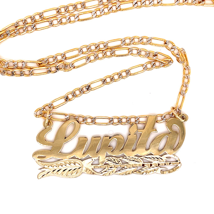 14k Cursive Gold Name with Diamond Cut Rose and Diamond Cut Solid Figaro Necklace