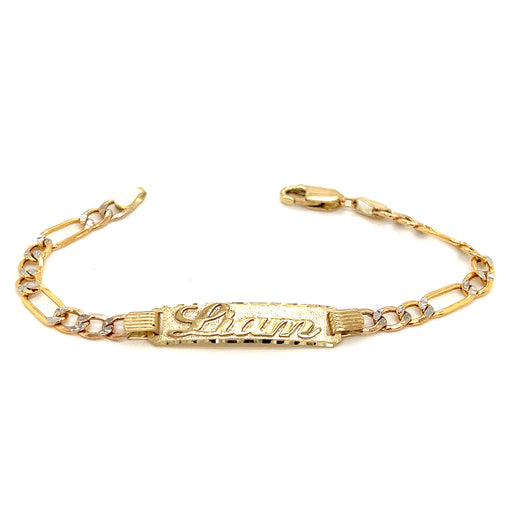 14k Kids Gold ID Bracelet with Gold Name Overlay and Wide Figaro Pavé Links - MyBabyGold