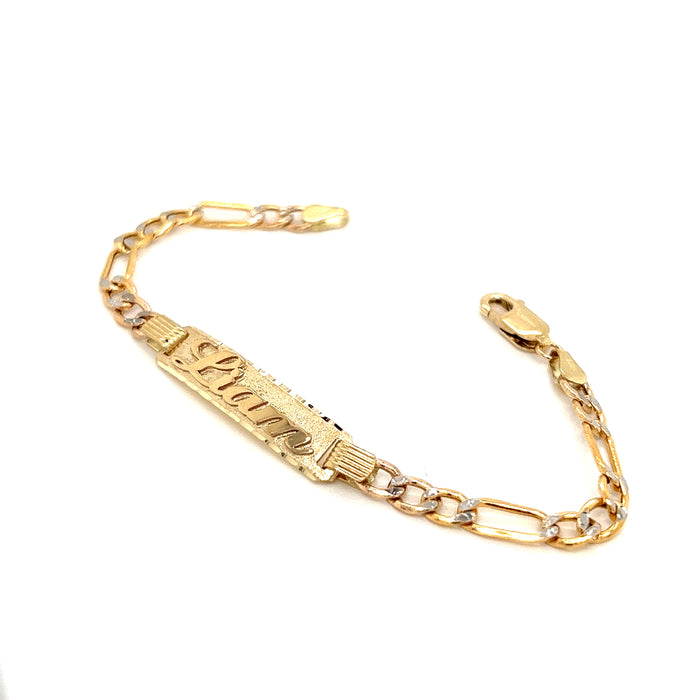 14k Kids Gold ID Bracelet with Gold Name Overlay and Wide Figaro Pavé Links - MyBabyGold