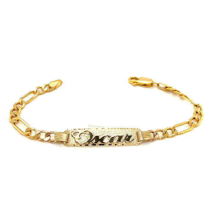 14k Kids Gold ID Bracelet with Gold Name Overlay and Wide Figaro Links - MyBabyGold