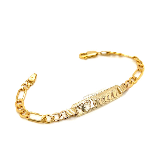 14k Kids Gold ID Bracelet with Gold Name Overlay and Wide Figaro Links - MyBabyGold