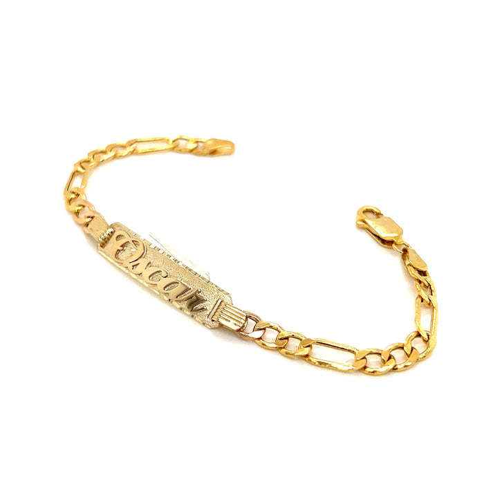 14k Kids Gold ID Bracelet with Gold Name Overlay and Wide Figaro Links - MyBabyGold