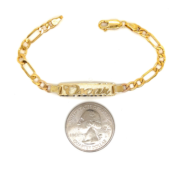 14k Kids Gold ID Bracelet with Gold Name Overlay and Wide Figaro Links - MyBabyGold