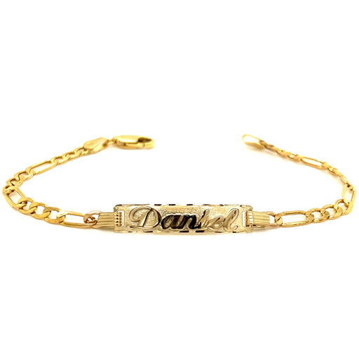 14k Kids Gold ID Bracelet with Gold Name Overlay and Figaro Chain - MyBabyGold