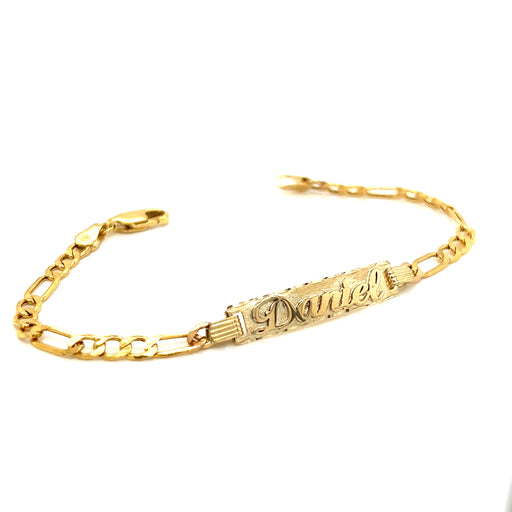 14k Kids Gold ID Bracelet with Gold Name Overlay and Figaro Chain - MyBabyGold