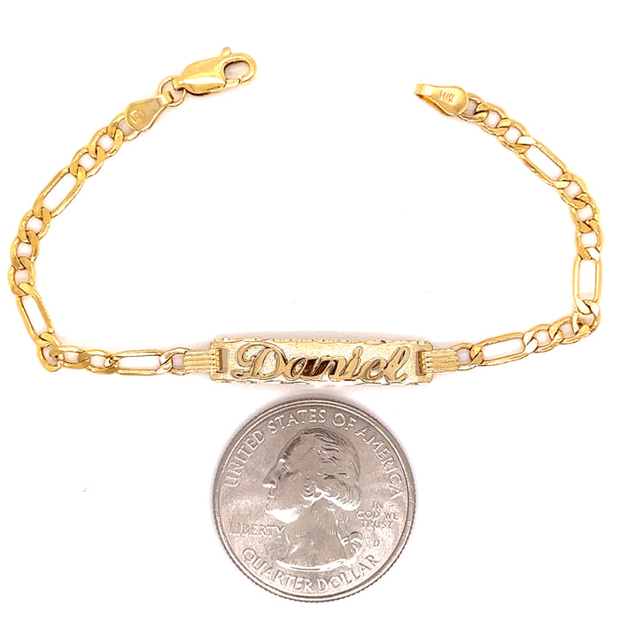 14k Kids Gold ID Bracelet with Gold Name Overlay and Figaro Chain - MyBabyGold