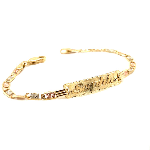 14k Kids Gold ID Bracelet with Gold Name Overlay and Wide Tri Tone Valentino Links - MyBabyGold