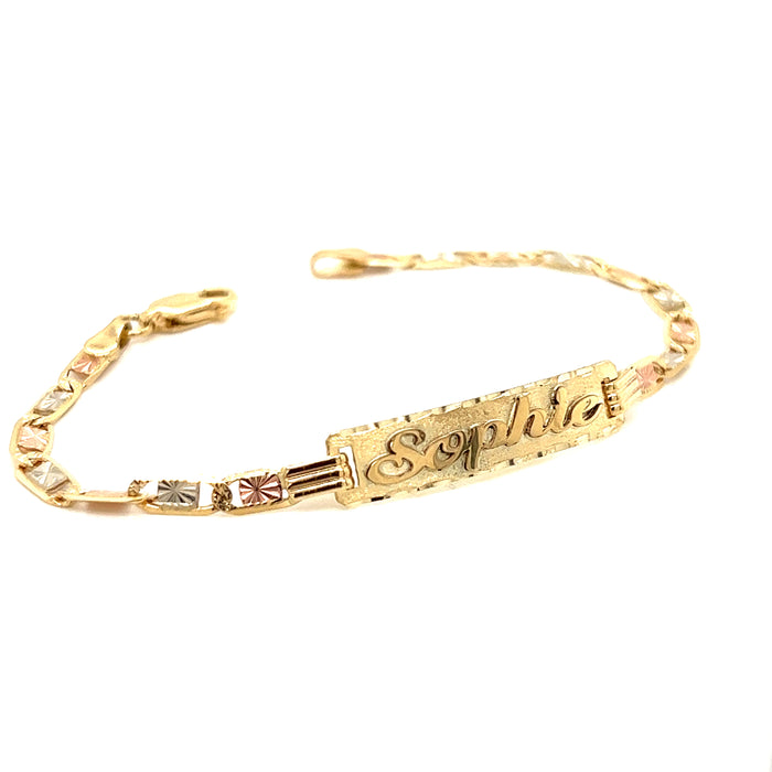 14k Kids Gold ID Bracelet with Gold Name Overlay and Wide Tri Tone Valentino Links - MyBabyGold