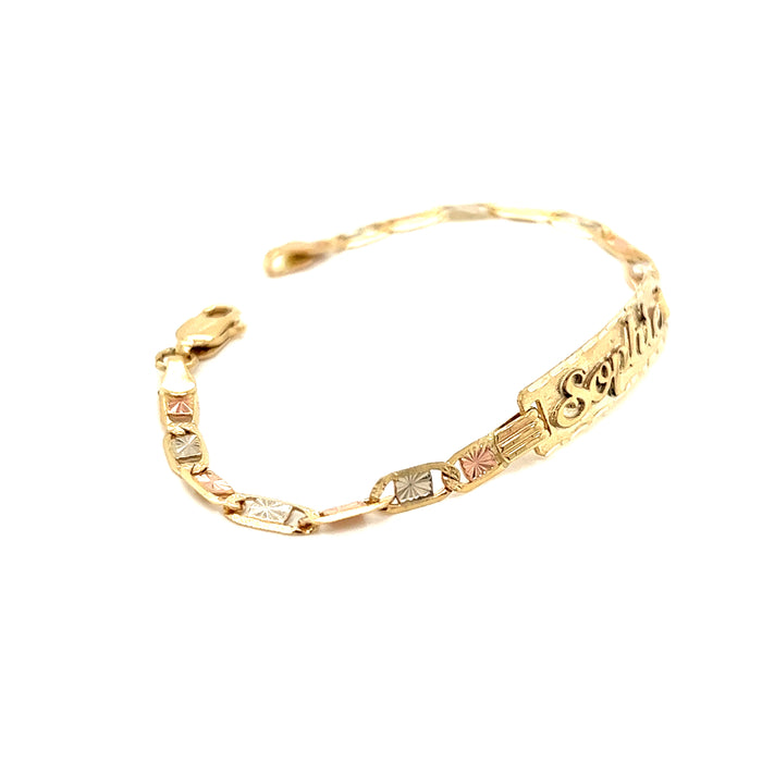 14k Kids Gold ID Bracelet with Gold Name Overlay and Wide Tri Tone Valentino Links - MyBabyGold