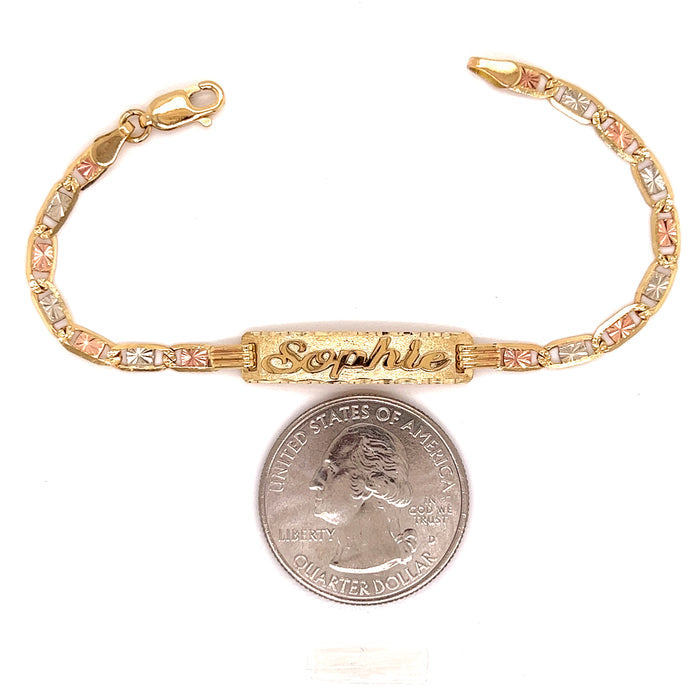 14k Kids Gold ID Bracelet with Gold Name Overlay and Wide Tri Tone Valentino Links - MyBabyGold