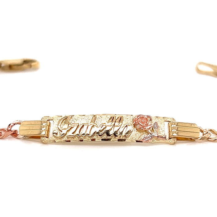 14k Kids Gold ID Bracelet with Rose and Tri-Color Figaro Links - MyBabyGold