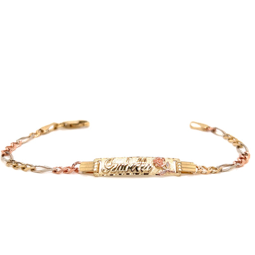 14k Kids Gold ID Bracelet with Rose and Tri-Color Figaro Links - MyBabyGold